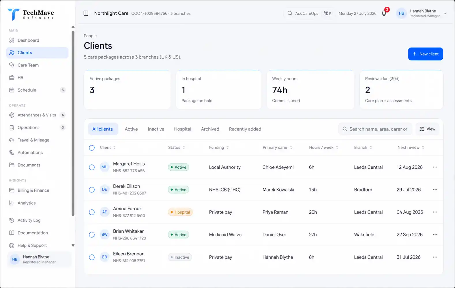 Client Management Software Interface for Care Providers